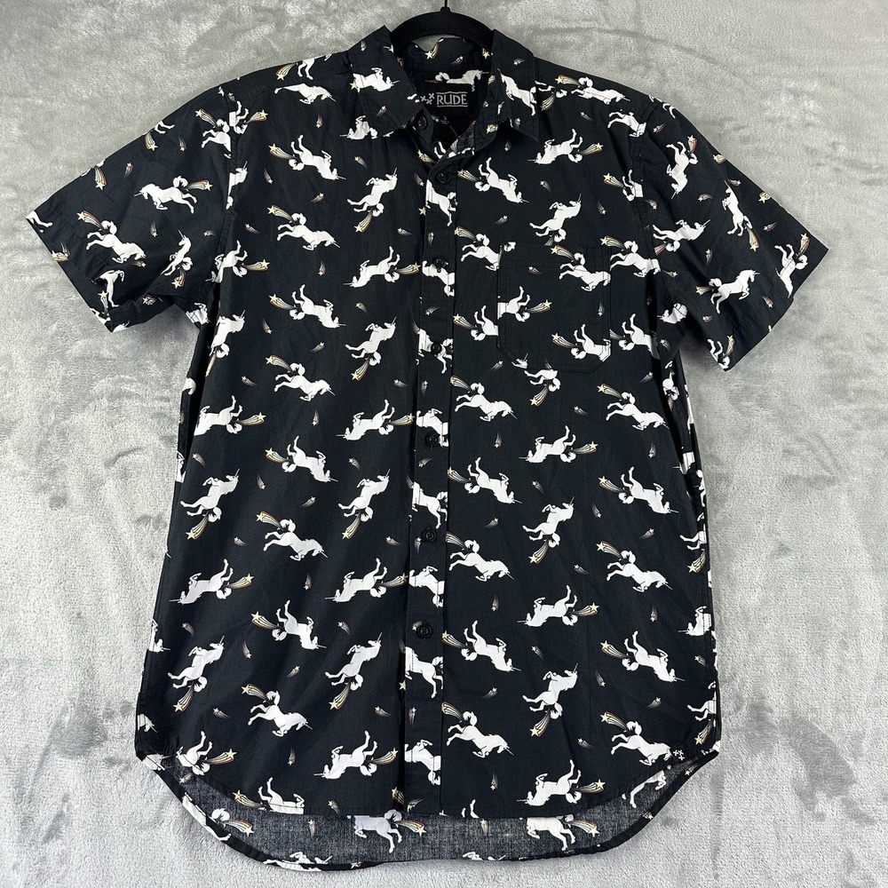Hot Topic XXX RUDE Button-Up Shirt Men's S Black/ Unicorn Stars Short Sleeve NEW